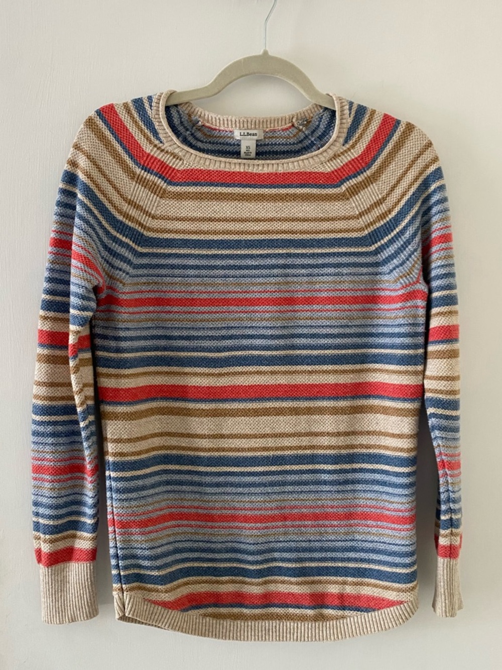 L.L. Bean Striped Summer Sweater in Beige, Blue & Red Coastal Beach Stripes Cozy